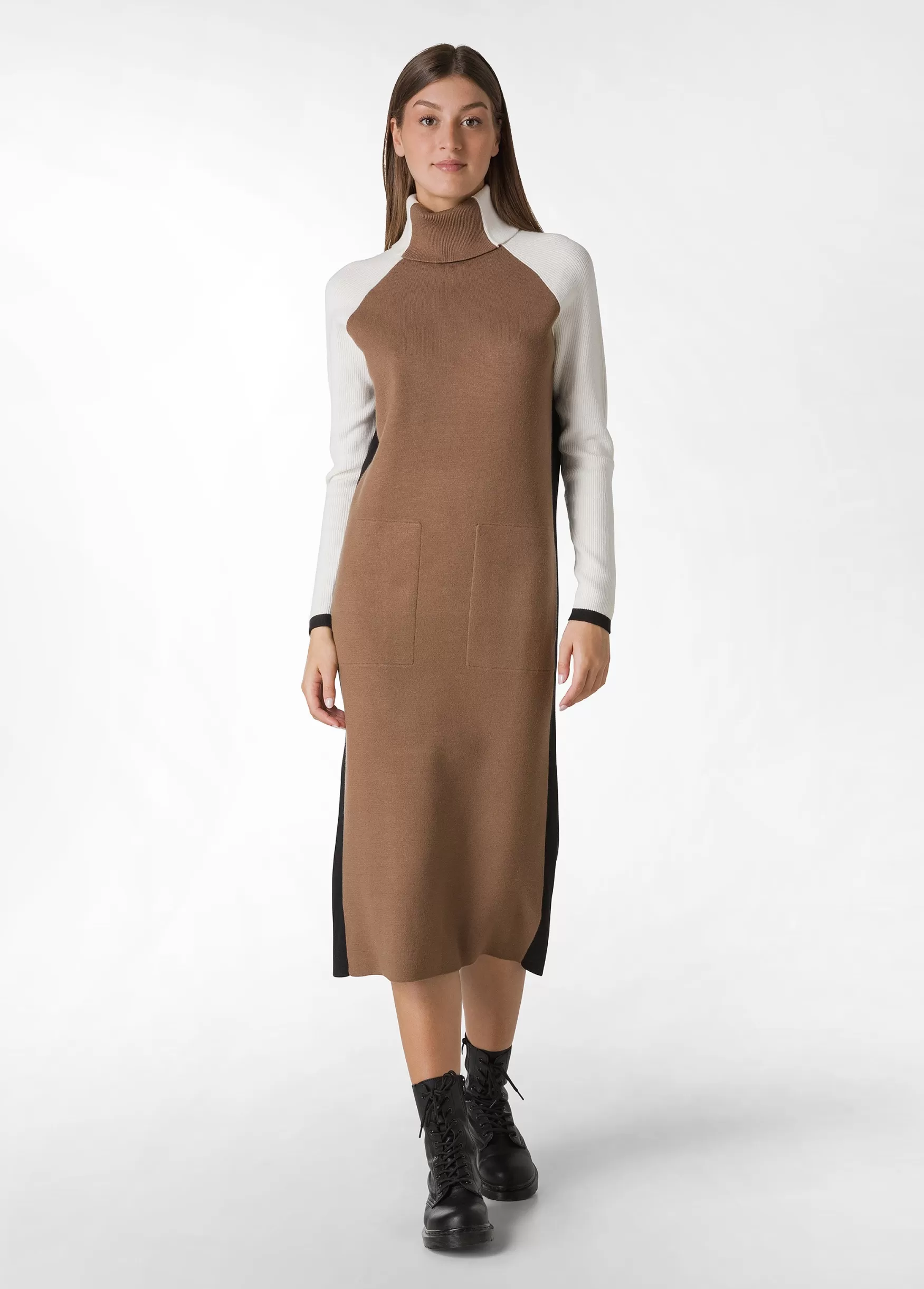 Store DEHA Color Block Knitted Dress Brown Biscuit Brown